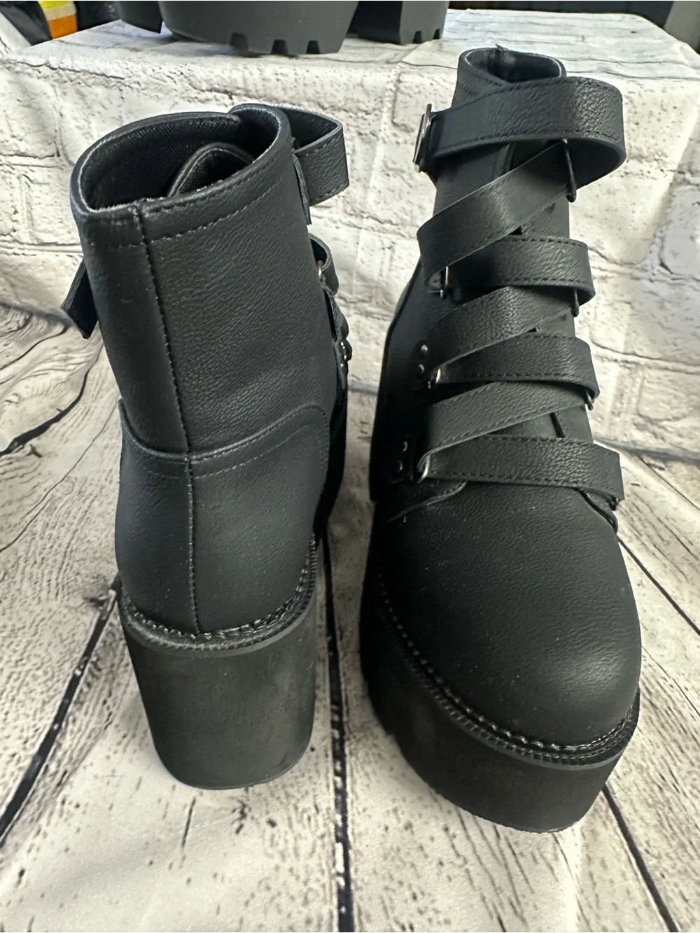 Women's Black Platform Ankle Boots with Buckle Straps